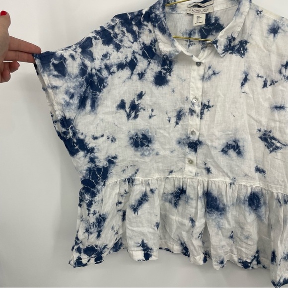 Rachael Zoe 100% linen Tie Dye Top Size Large white blue peplum Ruffle hem - Picture 2 of 7